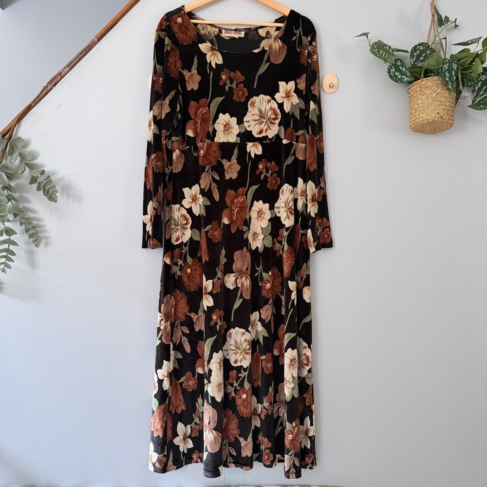 Vtg Maggy London Dress Maxi Whimsigoth Floral Velvet Long Sleeve Empire Waist